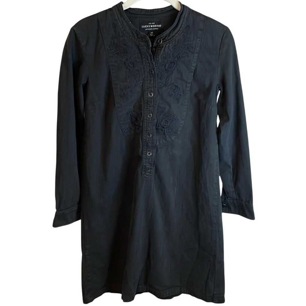 Lucky Brand Black Embroidered Cotton Henley Tunic Dress XS Long Sleeve Bib Front